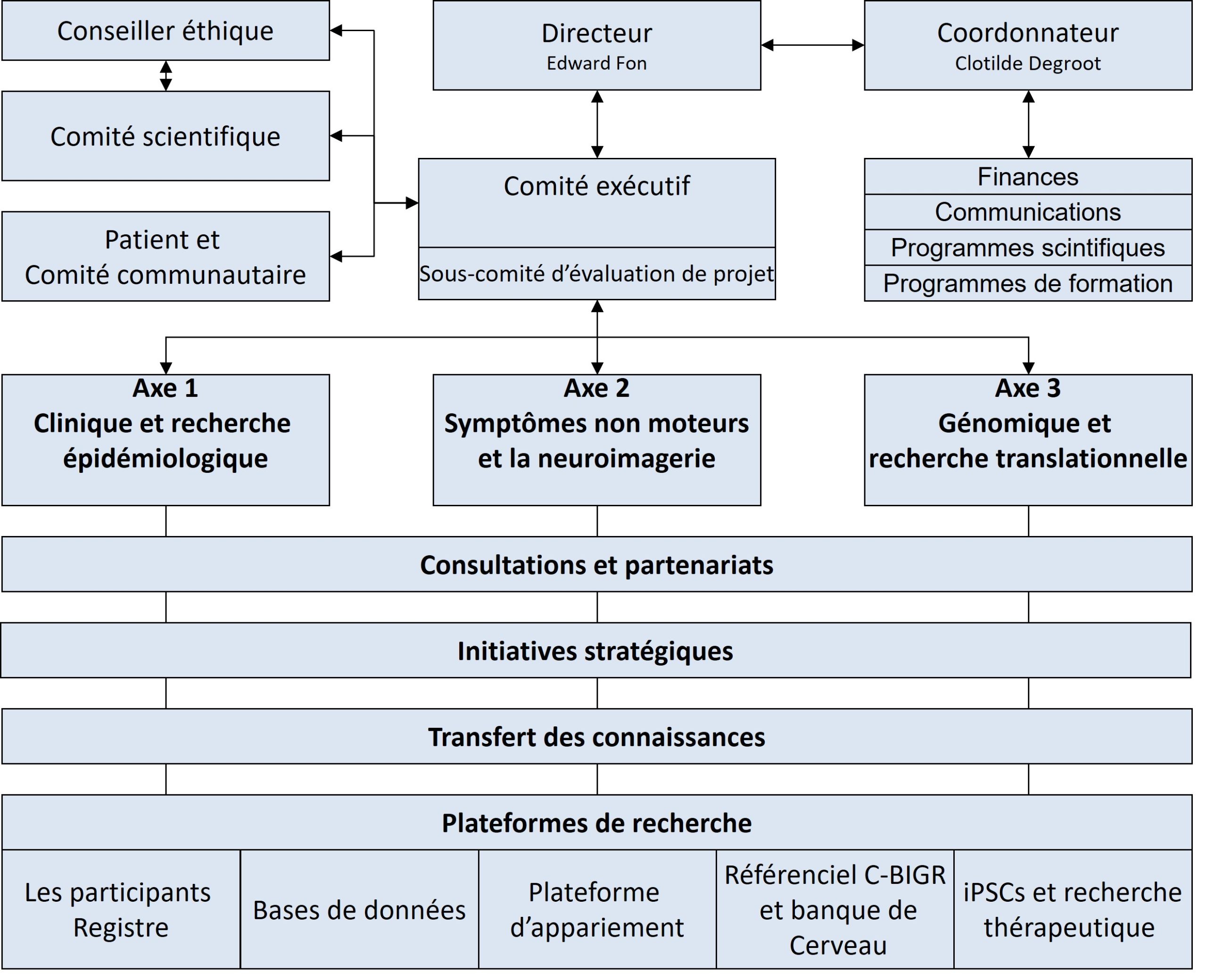 Organisation du RPQ et relations entre la direction, le comité exécutif et les differents comités scientifique éthique et communautaire. Suite à quoi, le réseau s'organise en trois axes de recherche distincts avec leur plateforme de recherche associées.